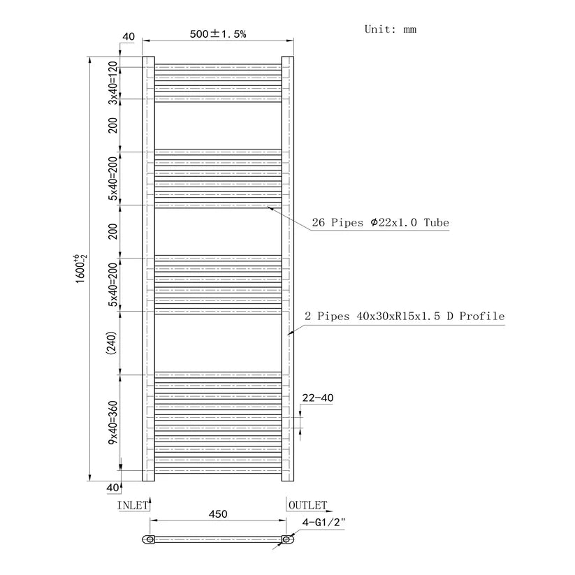 Technical drawing of a radiator with dimensions and pipe specifications