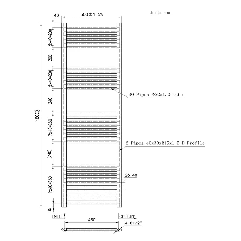 White Ladder Towel Rail 500mm Wide 1800mm height dimensions