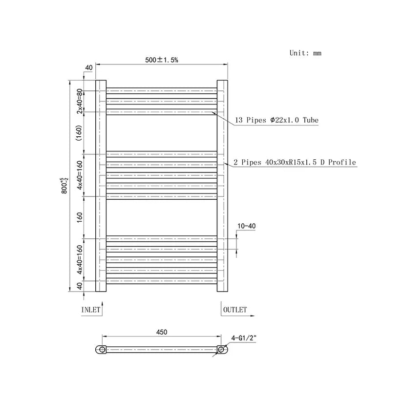 Technical drawing of a radiator with dimensions and specifications