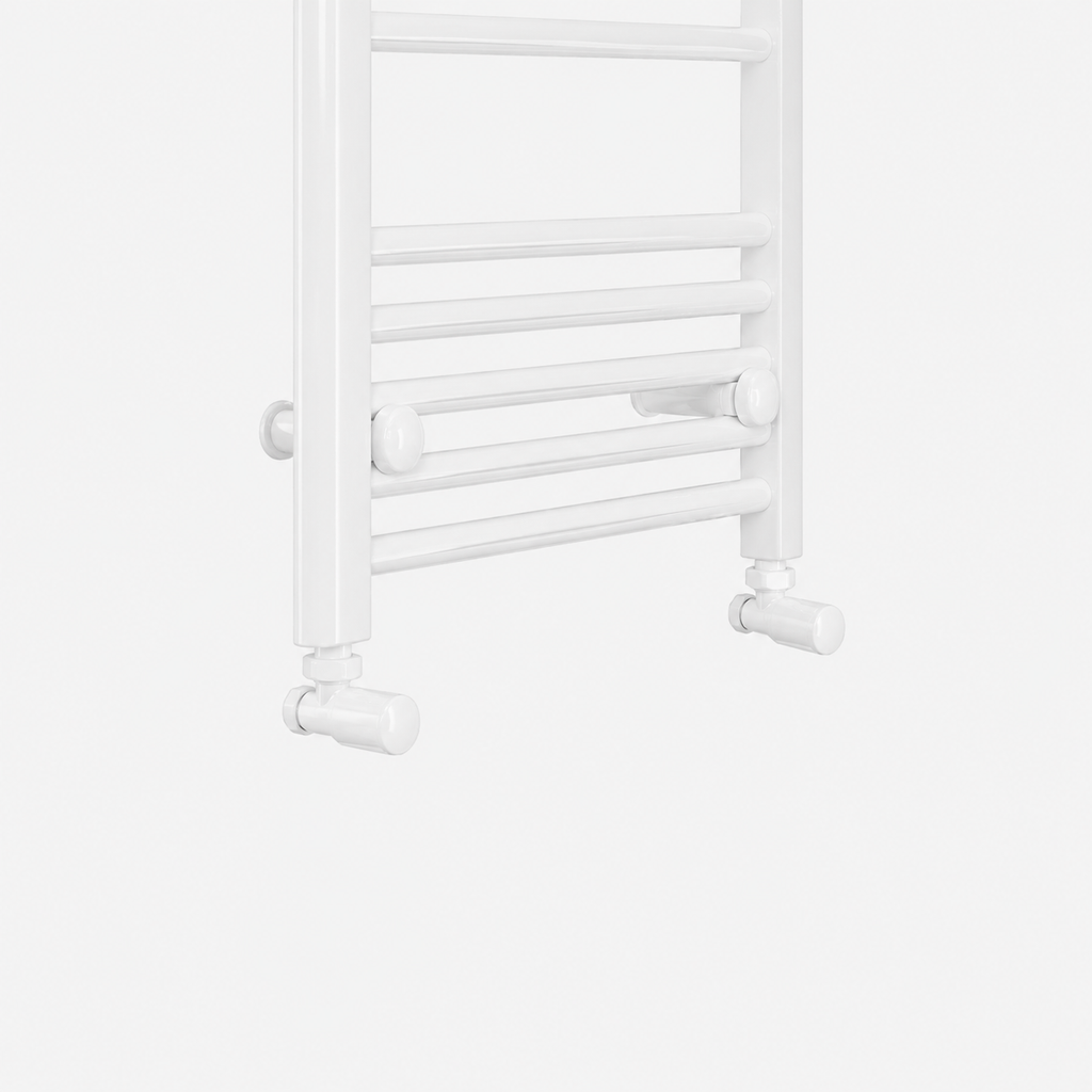 White towel radiator on a light gray background