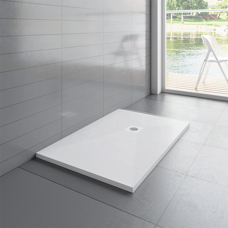 White slate-effect rectangular shower tray with slimline low-profile design
