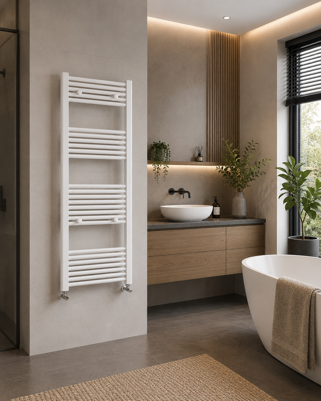 Modern bathroom with a white towel radiator, sink, and bathtub.