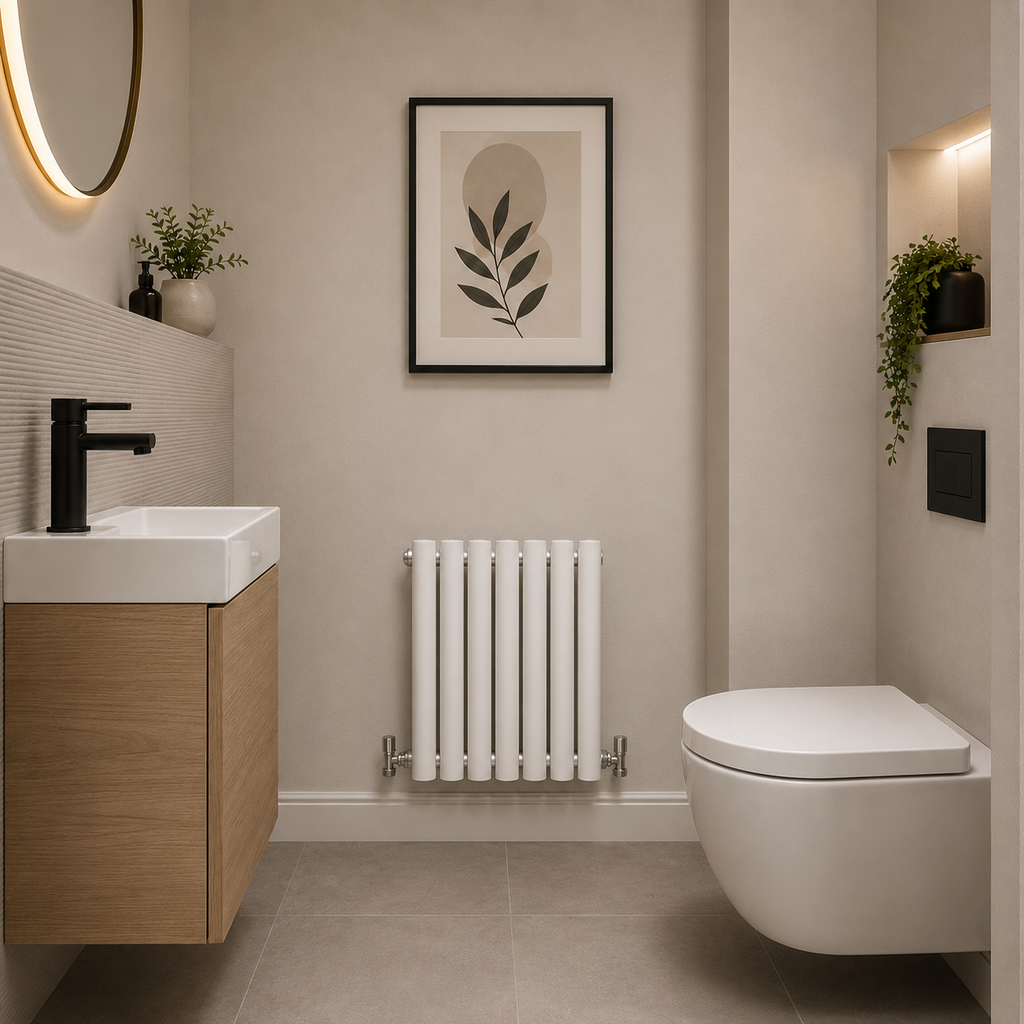 Modern bathroom with a sink, mirror, and toilet.